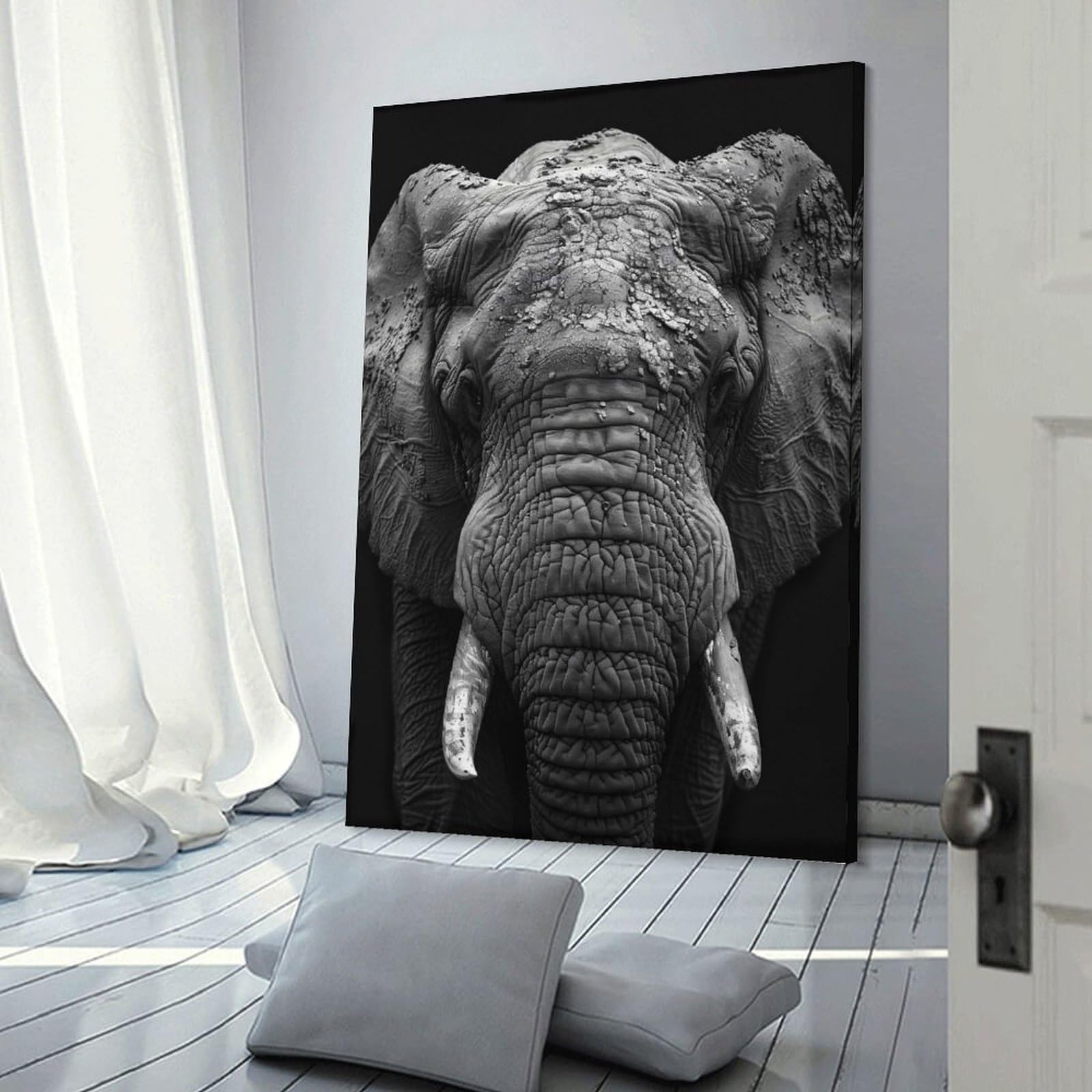 Junmoney Decorative Wall Artwork Monochrome Elephant Portrait, 20x30inch(50x75cm), for Calm Bedrooms, Home Corners Or Flats, An Easy Wall Refresh for Bedrooms