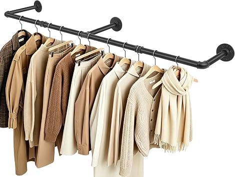 Industrial Pipe Clothes Rack, 50 In Heavy Duty Wall Mounted Garment Rack, DIY Rustic Iron Clothing Bar for Bedroom Closet Laundry Room, Multi-Purpose Hanging Rod, Space Saving Matte Black