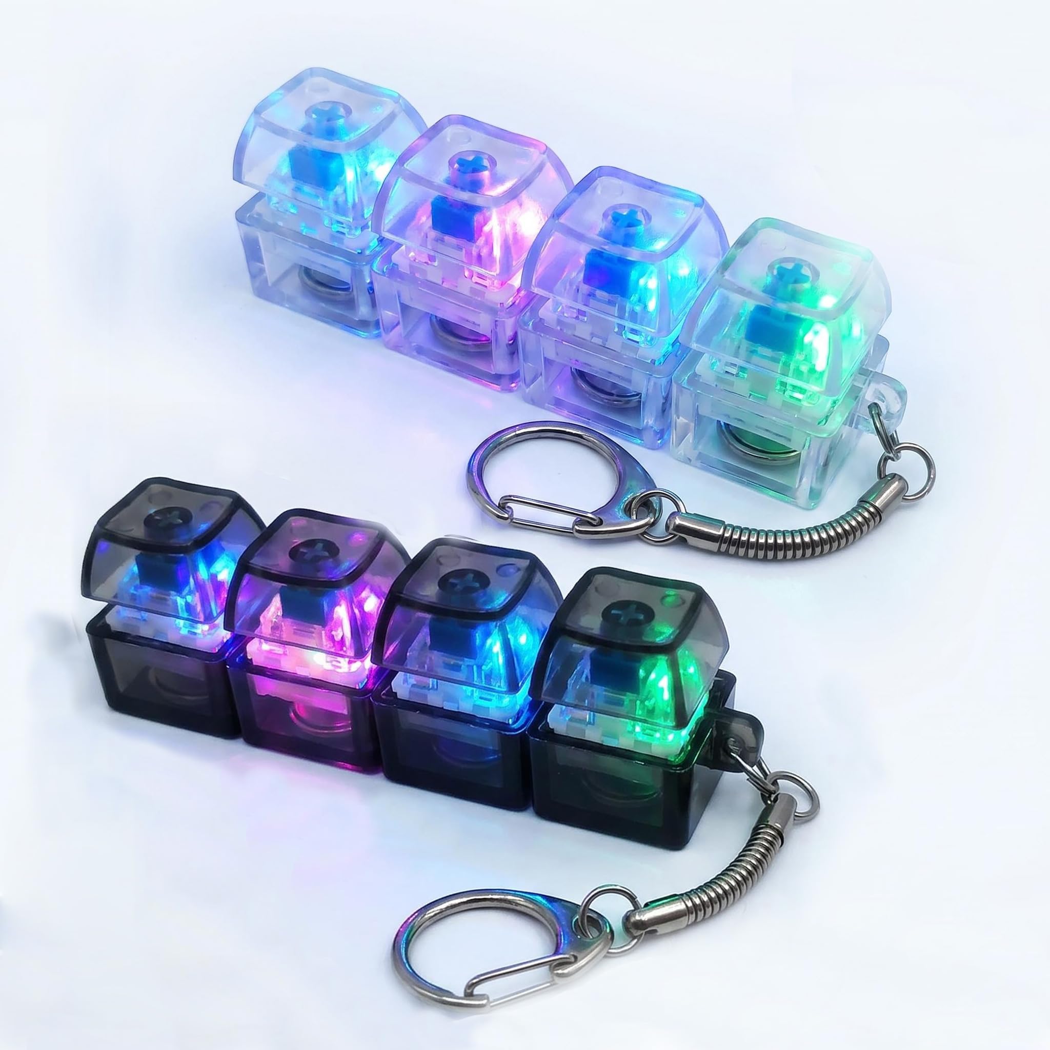 2 Pieces Light Up Keyboard Fidget Toy 4-Key Decompression Clicker with RGB Lights Portable Stress Relief Funny Keychain Toy for Adults Compact Desk Gadget for Home Office Travel
