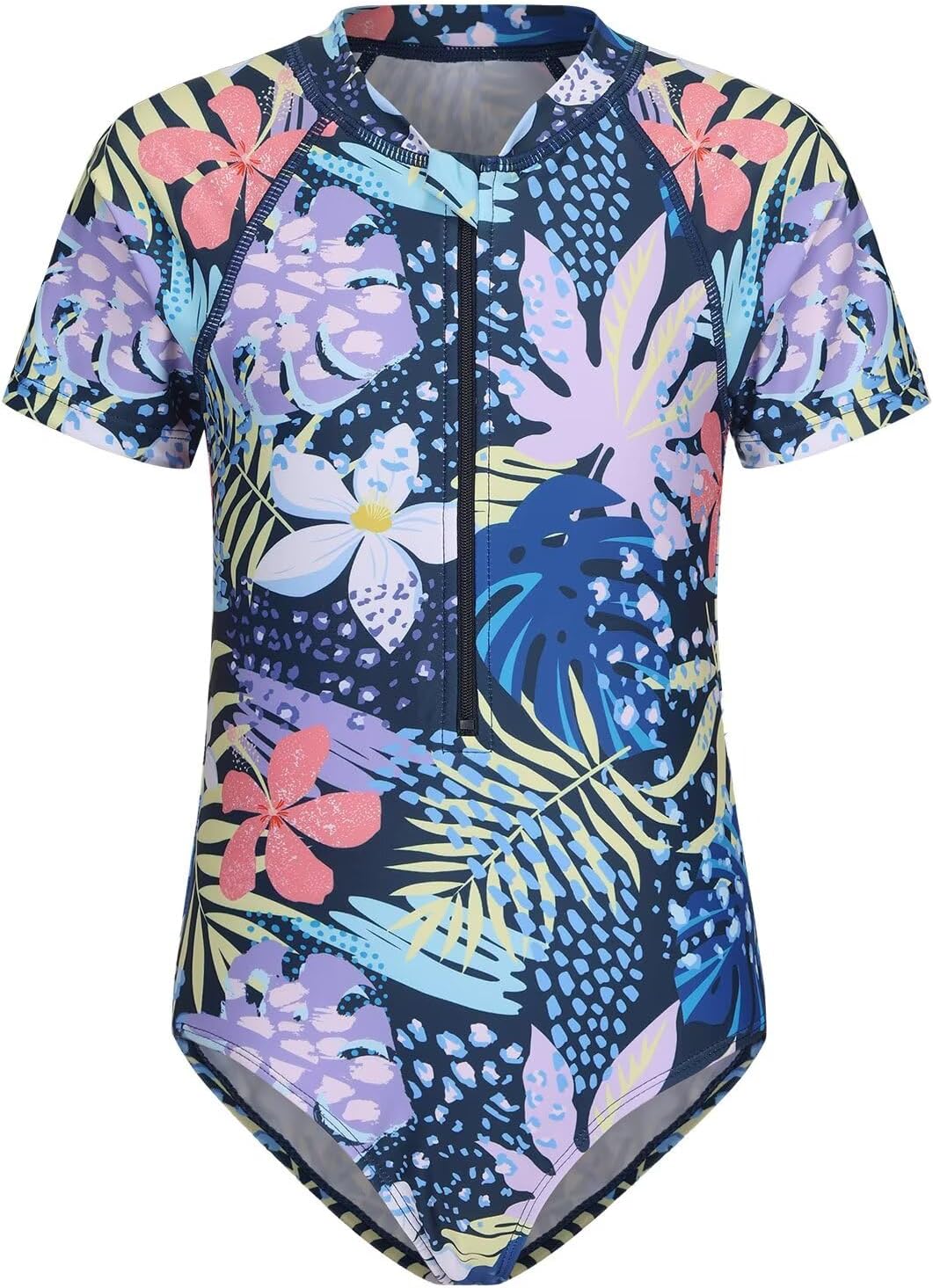 Girls One Piece Rash Guard Swimsuits for Kids Girls Short Sleeve Bathing Suits with Front Zipper Swimwear 3-16 Years