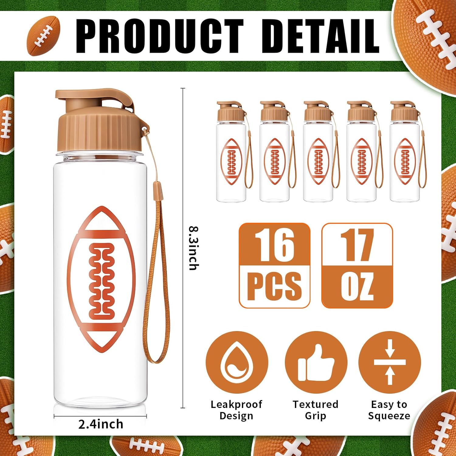 LemonRoad 164 Pcs Sports Party Favors Set 16 Plastic Cups 16 Charm Bracelets 16 Keychains 16 Mini Foam Stress Balls 100 Stickers for Sports Party Supplies (Football)