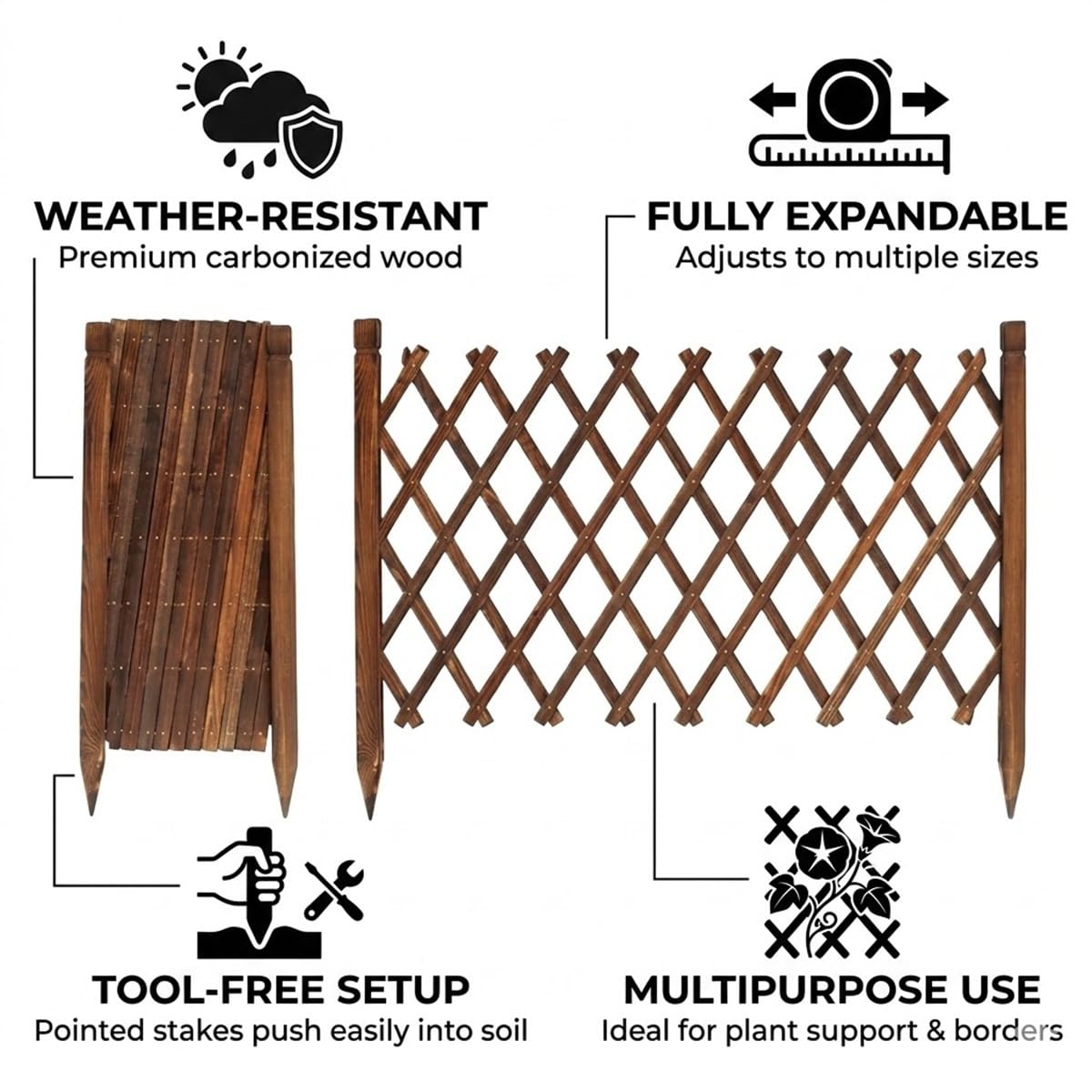 Clôture Bois Extensible, Brise Vue Jardin Rétractable Barrière Extérieure, Paravent Extérieur Treillis pour Séparation Patio Décoration Bordure Gazon(Blanc,50cmHx140cmL)