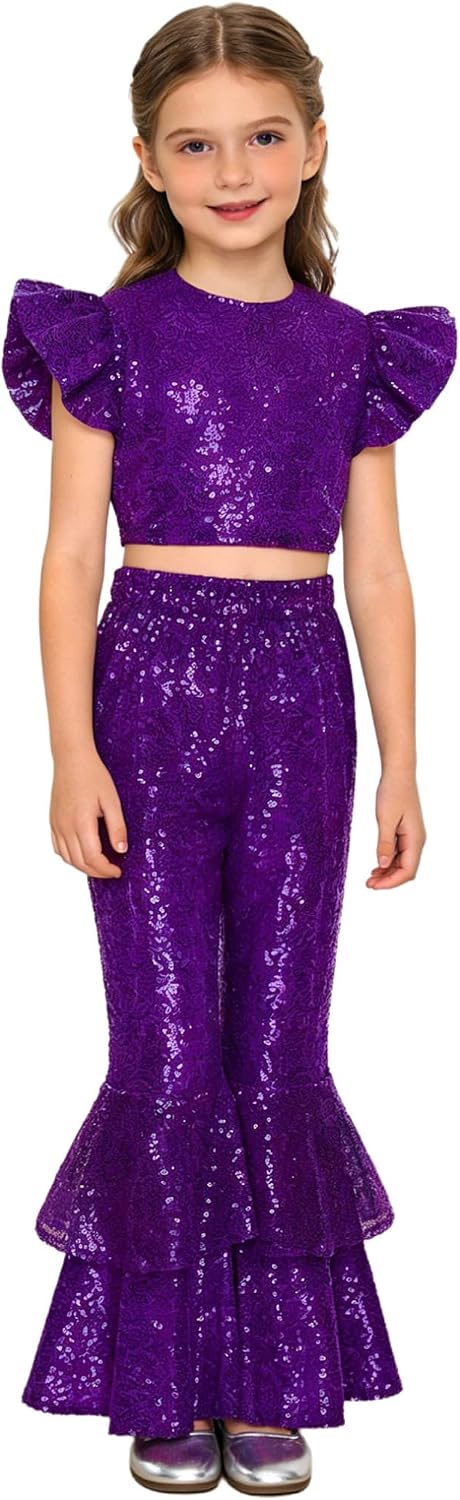 renvena Girls Sequin Disco Outfit Crop Top & Tiered Bell Bottoms Sparkly Glitter Formal Dance Pant Suit