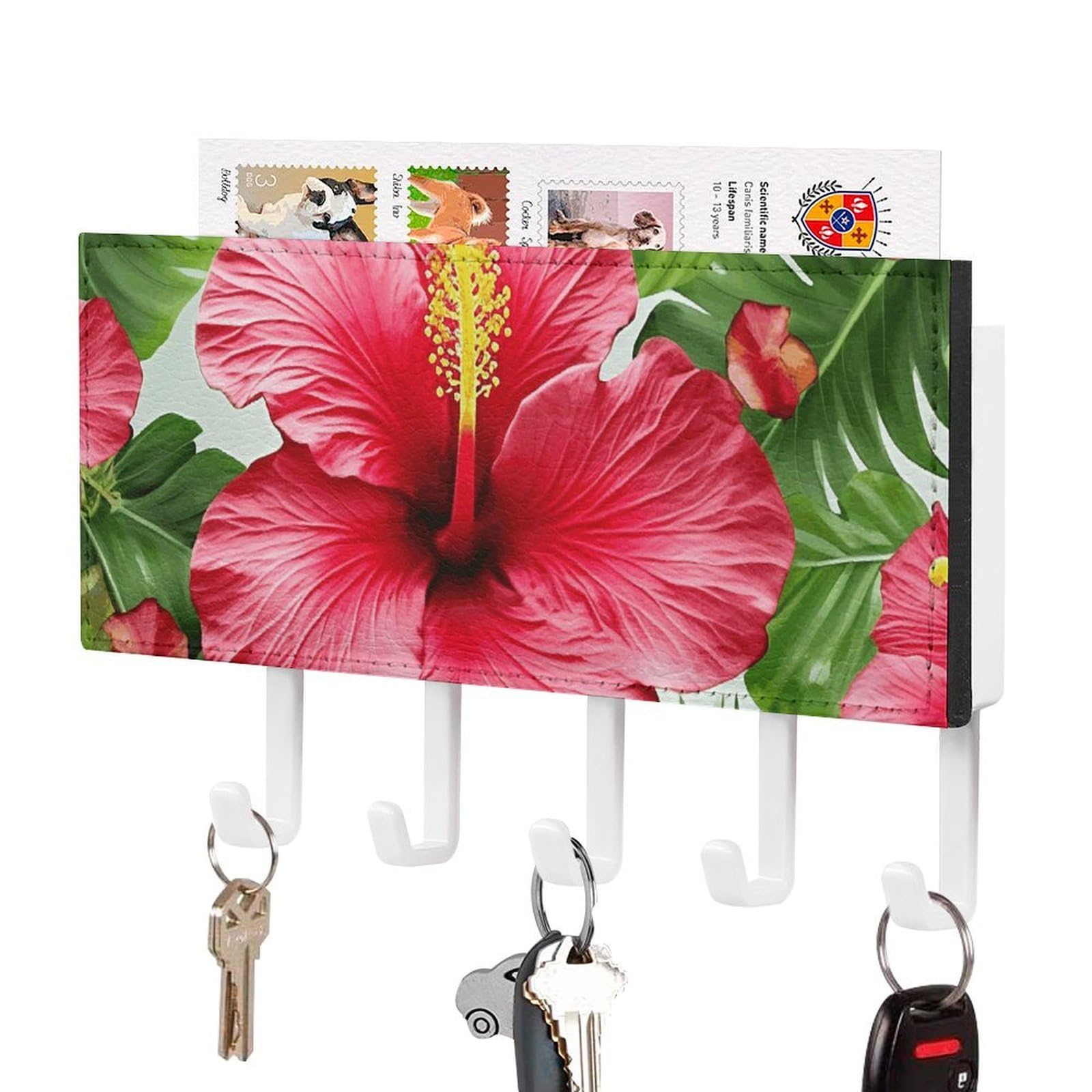 Porte-clés mural design hibiscus blanc en cuir synthétique 5 crochets