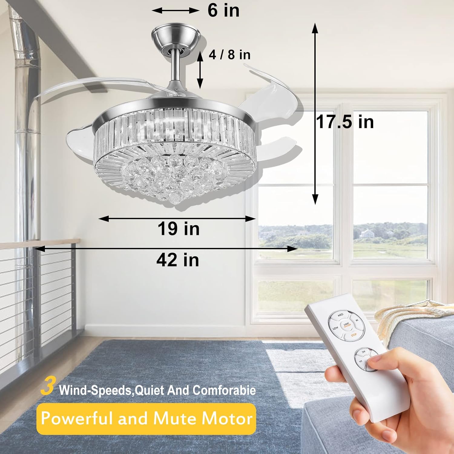 RuiWing 42'' Modern Fandelier Crystal Fandelier Ceiling Fan with LED Light and Remote Control 3 Light Changes 3 Speeds Noise-Free Chandelier Ceiling Fan for Bedroom Indoor Living Room