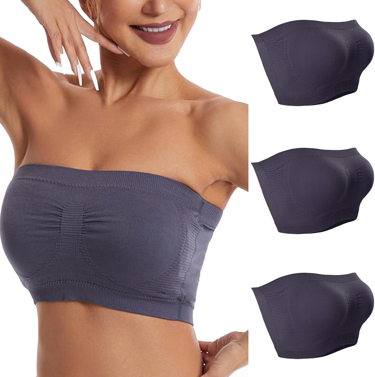 3 Pack Bandeau Bra for Women Stretch Non Padded Tube Top Bralette Strapless Non Slip Seamless Crop Top Basic Bra