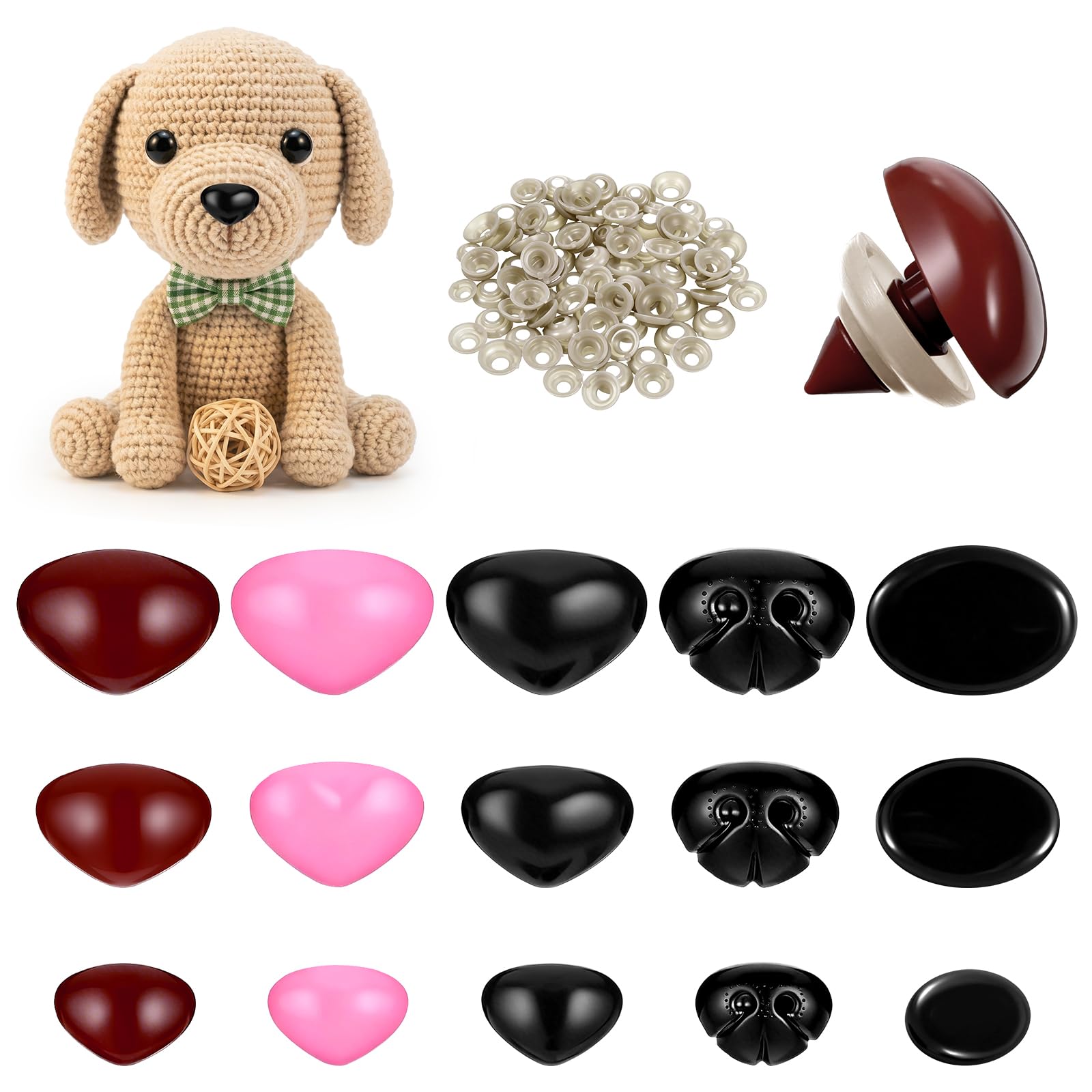 Ajcotahm 150 Pcs Safety Noses for Crochet Toys, Plastic Animal Safety Noses with Washers Pink Brown Black Doll Making Accessories for Craft Doll Puppet Plush Teddy Bear Stuffed Animals