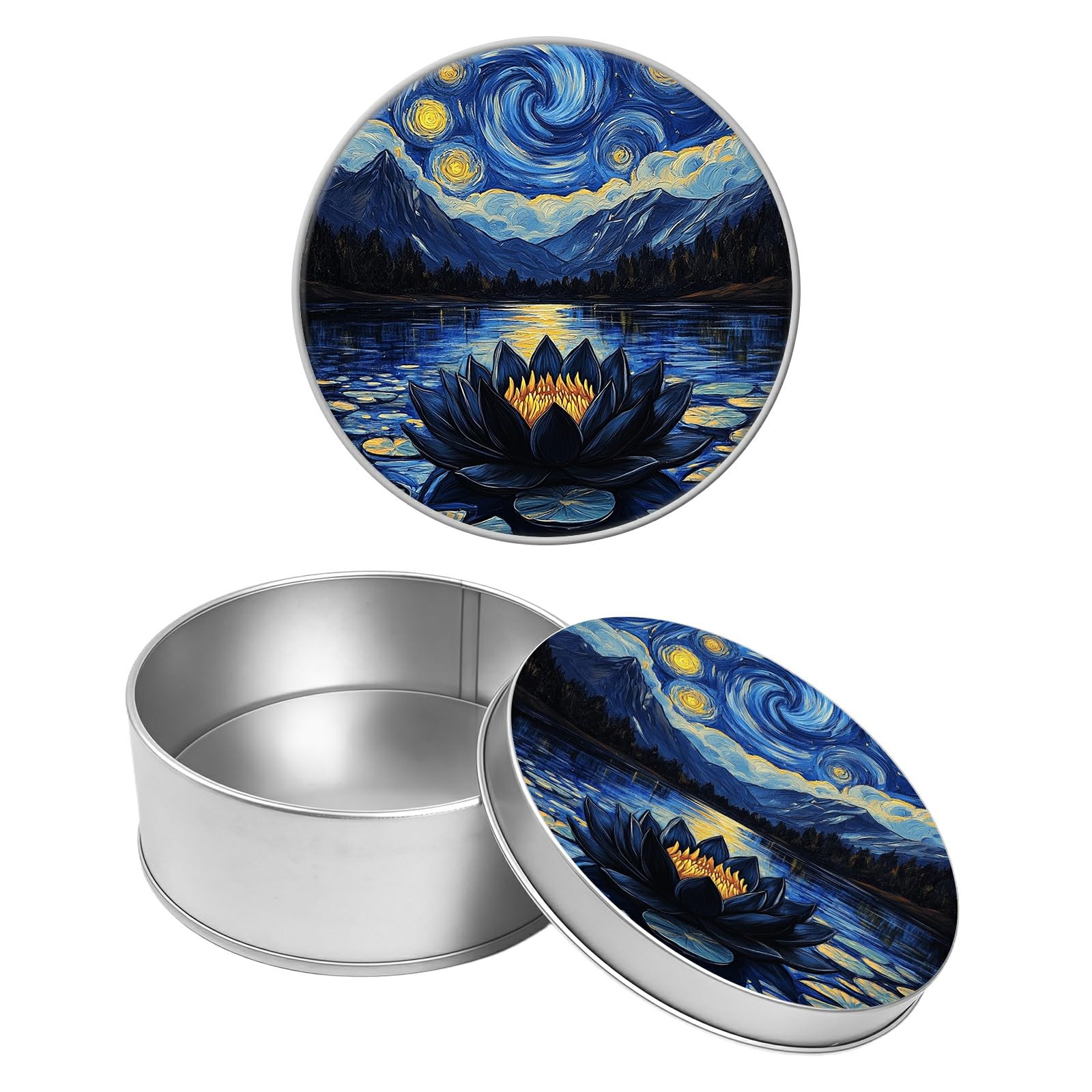 Round Metal Tin Container with Removable Lid, Dark Lotus Starry Durable Metal Storage Box for Crafts Snacks Candies Office Supplies Small Items 3.54 x 1.38 inch– Single Pack