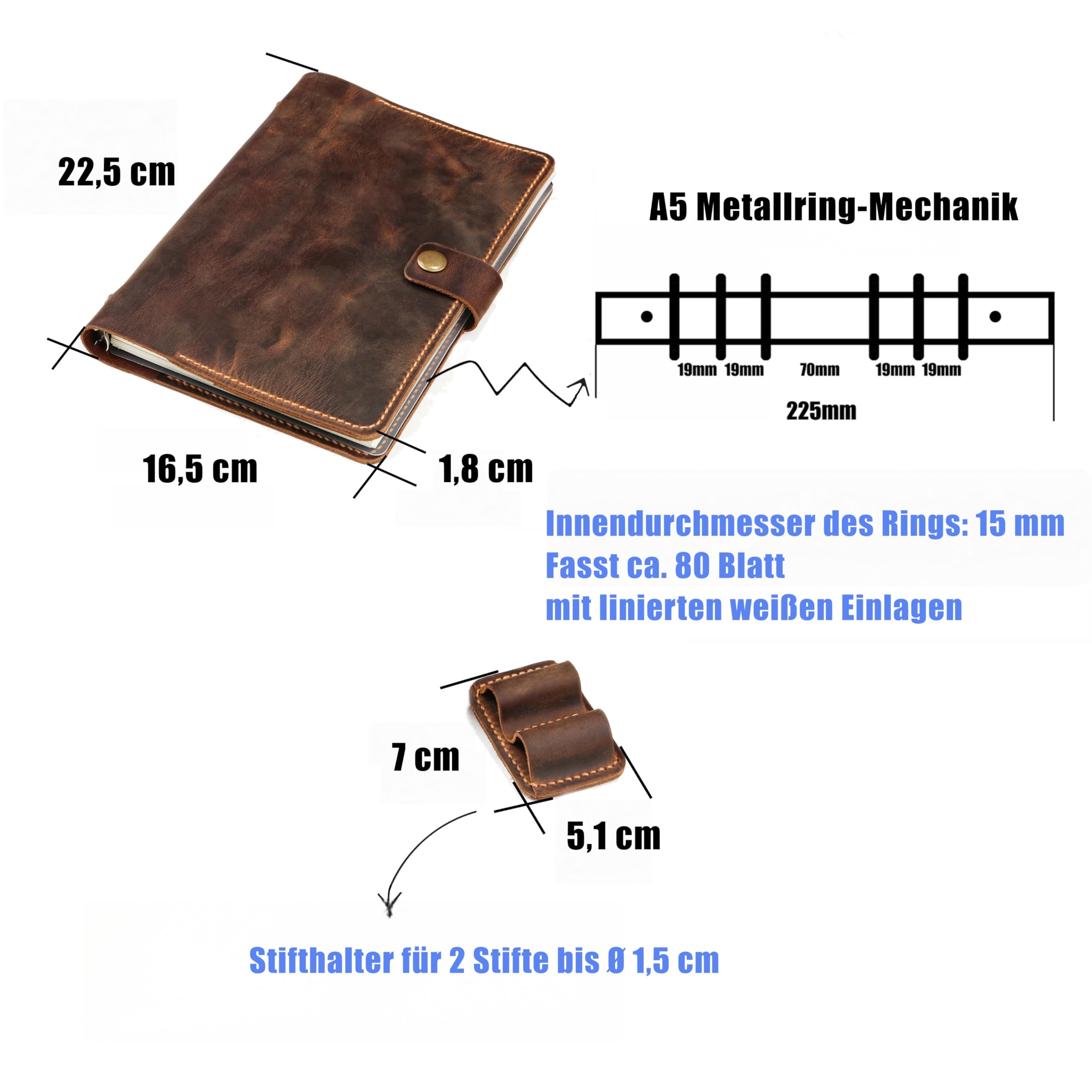 D&M leather studio Leder Notizbuch A5 – Handgefertigtes Ringbuch & Tagebuch, Leicht & Kompakt, Nachfüllbar Kalender Organizer mit Doppeltem Stifthalters, Bullet Journal Notizbuch