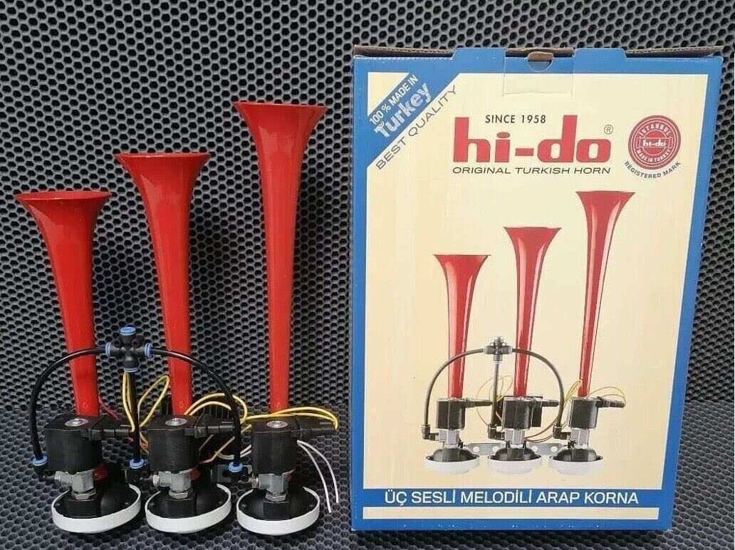 Klaxon Turc Rouge 12V HiDo 3 Trompettes 12 Mélodies pour Camion Caravane Autobus
