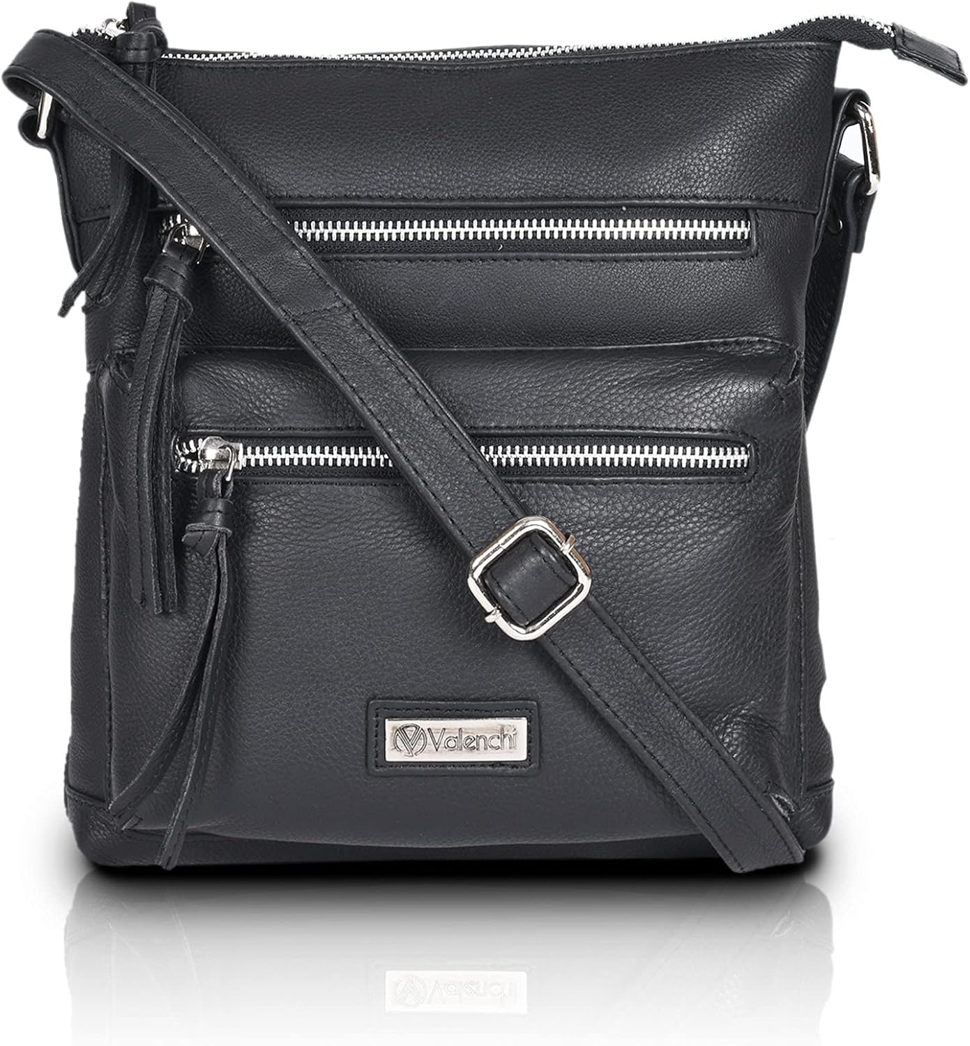 VALENCHI Genuine Leather Crossbody Bag with front Metal Zipper Pockets and long handle - Handmade