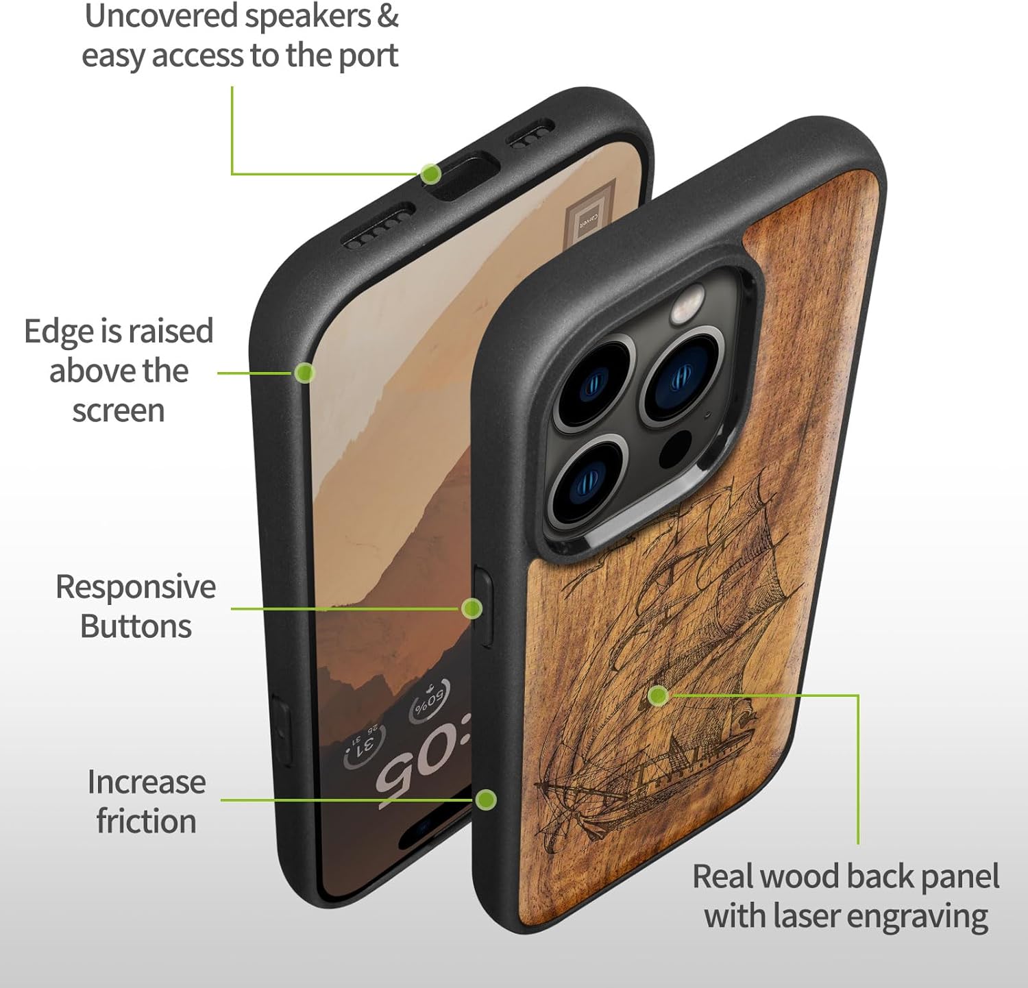 Carveit Magnetic Wooden Case for iPhone 15 Pro Case, Compatible with MagSafe Wireless Chargers, Black Soft TPU Shockproof Cover & Wood Artisan Engraved (Pirate Ship) - Walnut
