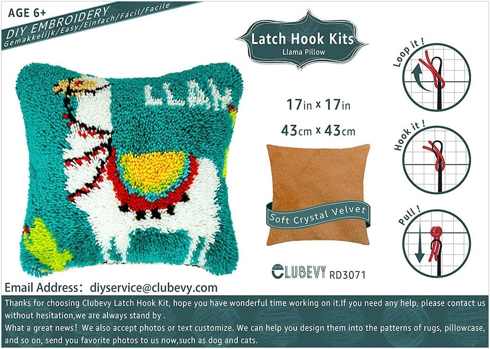 clubevy Alpaca Latch Hook Kits DIY Throw Pillow Cover Crochet Crafts for Beginner Kids and Adults Handmade Crafts Home Decoration Festival Birthday Gift, 17 x17 inch