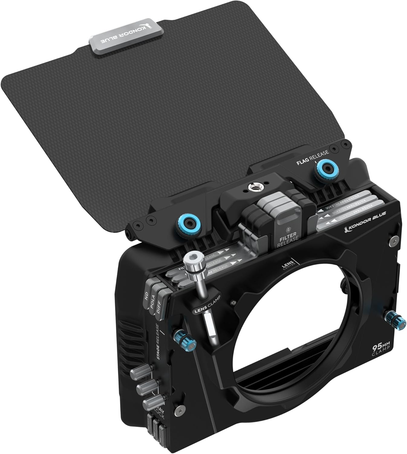 KONDOR BLUE | 4x5.65 Matte Box Triple Stage Kit | Holds 4 4x5.65 Filters, 1 Front Load and 3 Filter Tray | Clamp-On Sunshade Hood | Black