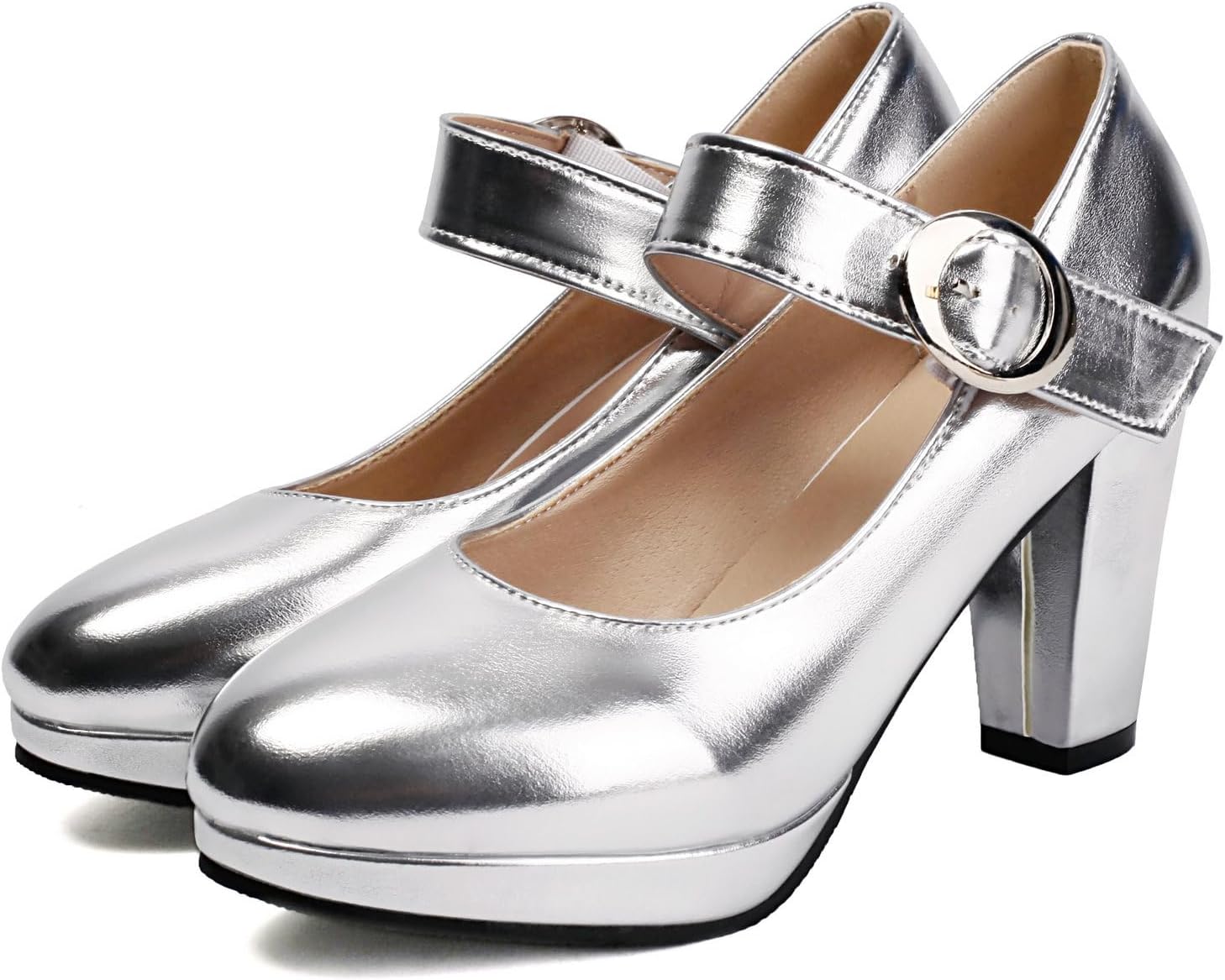 KiutSymo Women's Pumps High Heels Mary Janes Shoes Closed Round Toe Block Platform Heels Metallic Ankle Strap Party Wedding Mary Jane Pumps Dress Shoes
