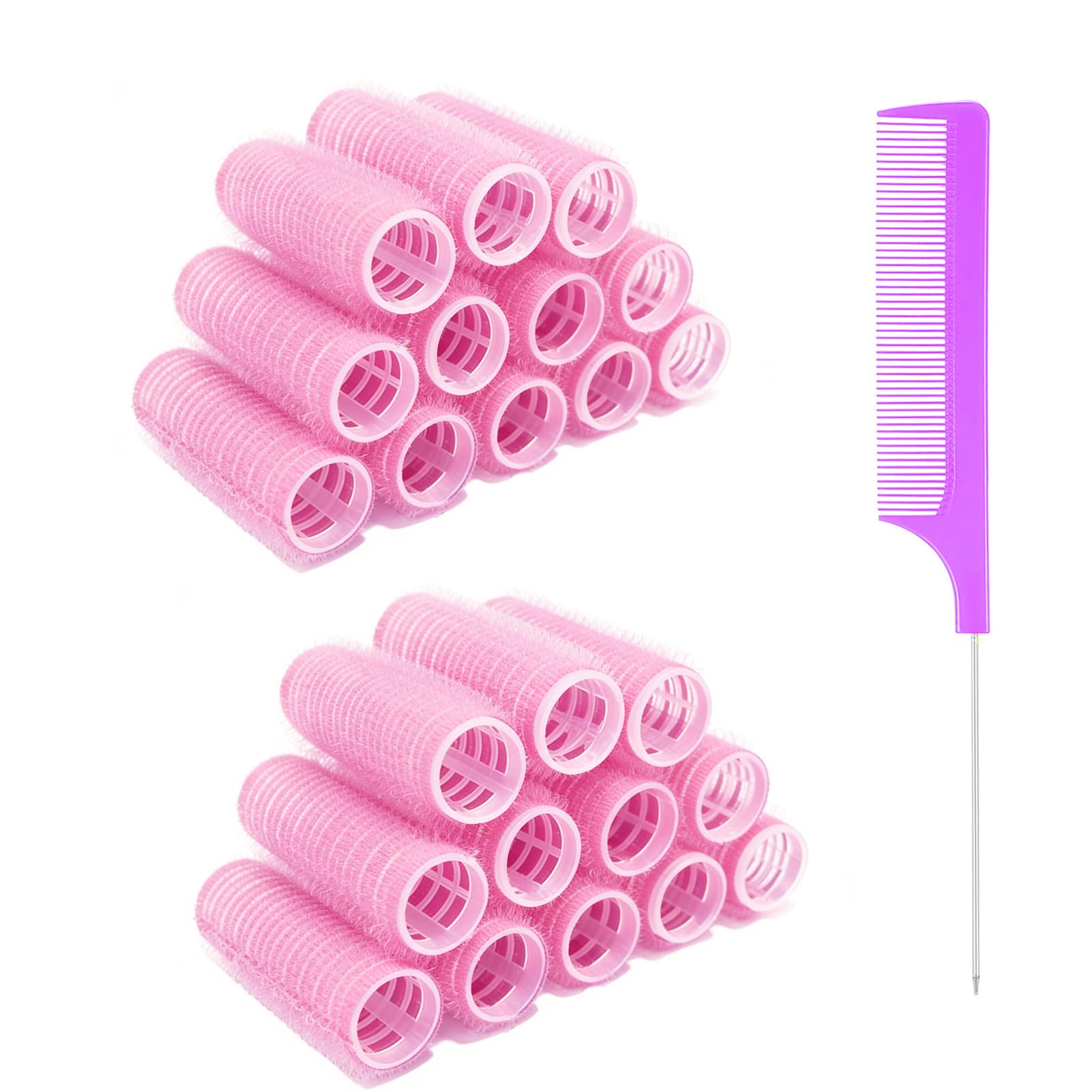 24PCS Self Grip Small Hair Curlers Set Nylon Hair Rollers, Heatless Pro Salon Hairdressing Curler Tools for Women, Medium Short Hair (0.8in, Pink)