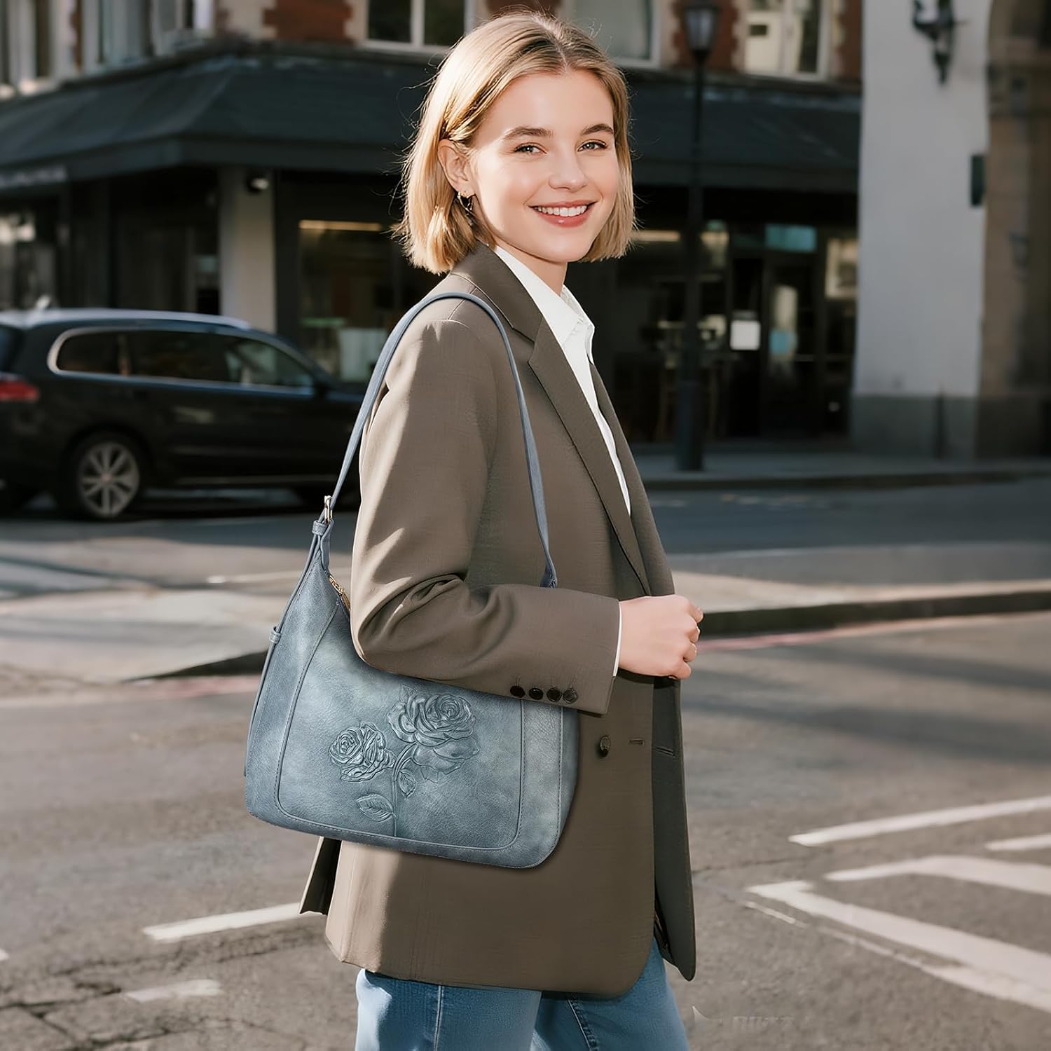 Shoulder Bag for Women, Vegan Leather Hobo Purse Trendy Small Handbag Top Handle Embossed Underarm Purse Daily Use (Blue) | Adjustable strap, Smooth zipper, Crescent Bag, Retro Mini Clutch, Gifts for Women