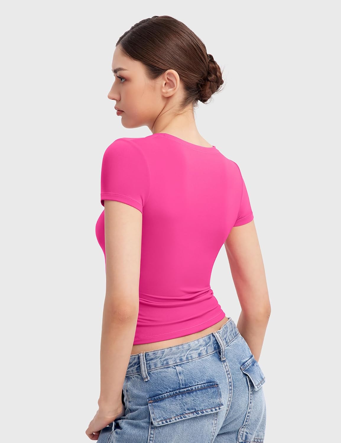 PUMIEY Short Sleeve T Shirts for Women Scoop Neck Top Basic Going Out Crop Tops Summer Slim Fit Tee Shirt Blush, Large - Image 5