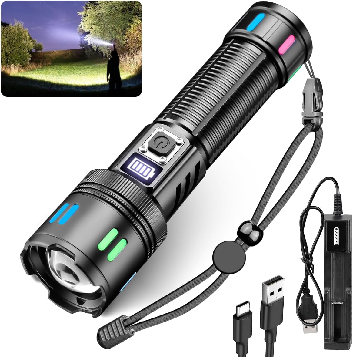 Rechargeable Flashlights High Lumens - Led Flashlight, Super Bright 5 Modes Waterproof Flashlights with Power Display for Emergencies Outdoor Camping Home 12h Runtime Powerful Heavy Duty Flash Light