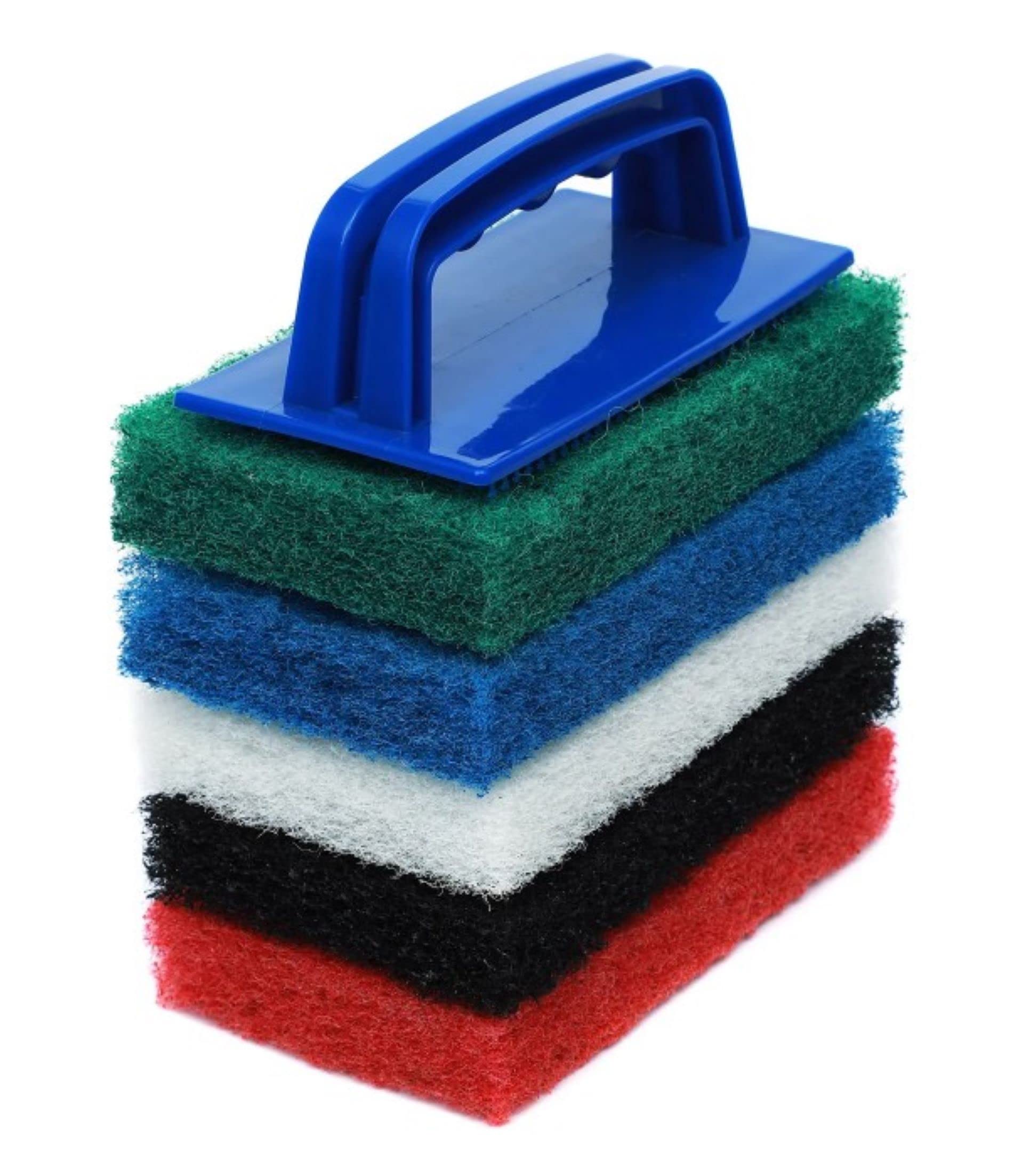 6pcs Scrubbing Pad Kit Interchangeable Reusable Handle | 5 Different Scrubbing & Scouring Pads: Red, White, Blue, Green, Black | for Bathroom, Kitchen, Grill, Teak, Boat Hull Bottom Cleaning