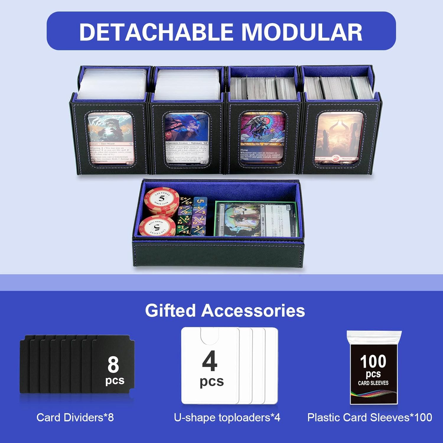 Commander Deck Box for MTG,Card Storage Box Fits 400+ Double-Sleeved Cards,4 Removable deck Case with Display Windows＆Handle,Card deck box for TCG/PTCG/EDH(Black &Blue)