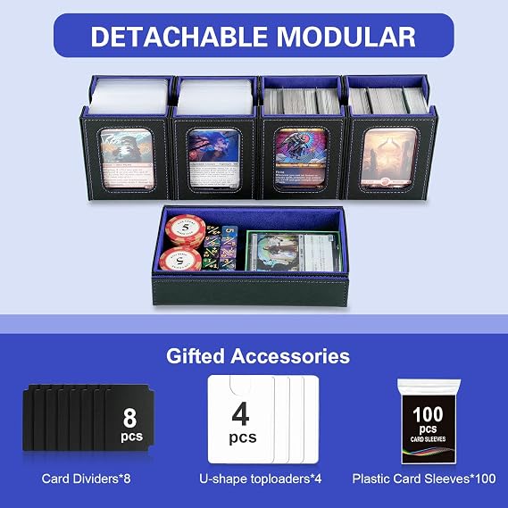 Commander Deck Box for MTG,Card Storage Box Fits 400+ Double-Sleeved Cards,4 Removable deck Case with Display Windows&Handle,Card deck box for TCG/PTCG/EDH(Black &Blue)