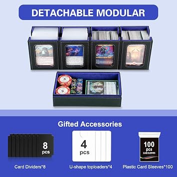 Commander Deck Box for MTG,Card Storage Box Fits 400+ Double-Sleeved Cards,4 Removable deck Case with Display Windows&Handle,Card deck box for TCG/PTCG/EDH(Black &Blue)