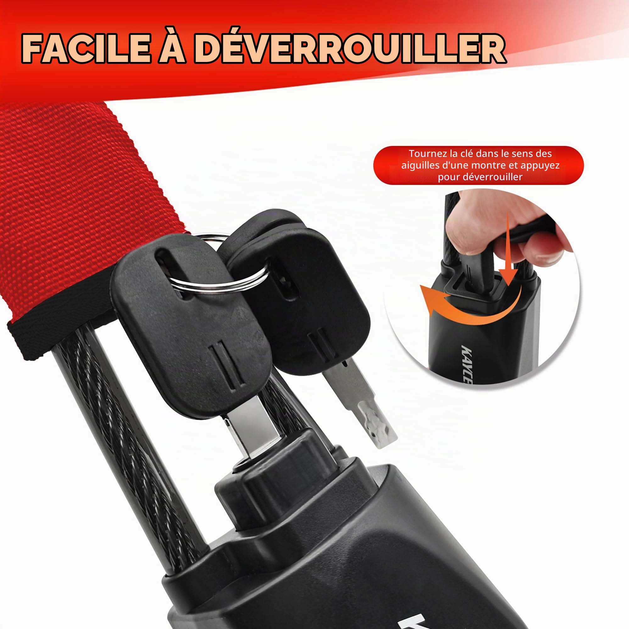 KAYCENTOP Verrou de volant de voiture - Dispositif antivol - Longueur maximale : 43,2 cm - Petit et léger - Multifonctionnel - S'adapte à la plupart des véhicules, SUV, voiturettes de golf - Rouge