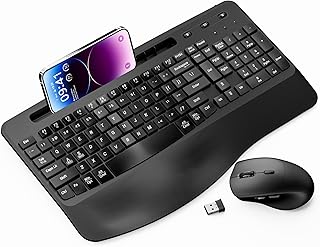 Wireless Keyboard and Mouse Ergonomic Combo, Moojay 2.4G Rechargable Full-Sized Quiet Wave Keyboard Silent Mice Set with Wrist Rest and Phone Holder for Computer, Laptop, PC, Mac, Windows - Black product image