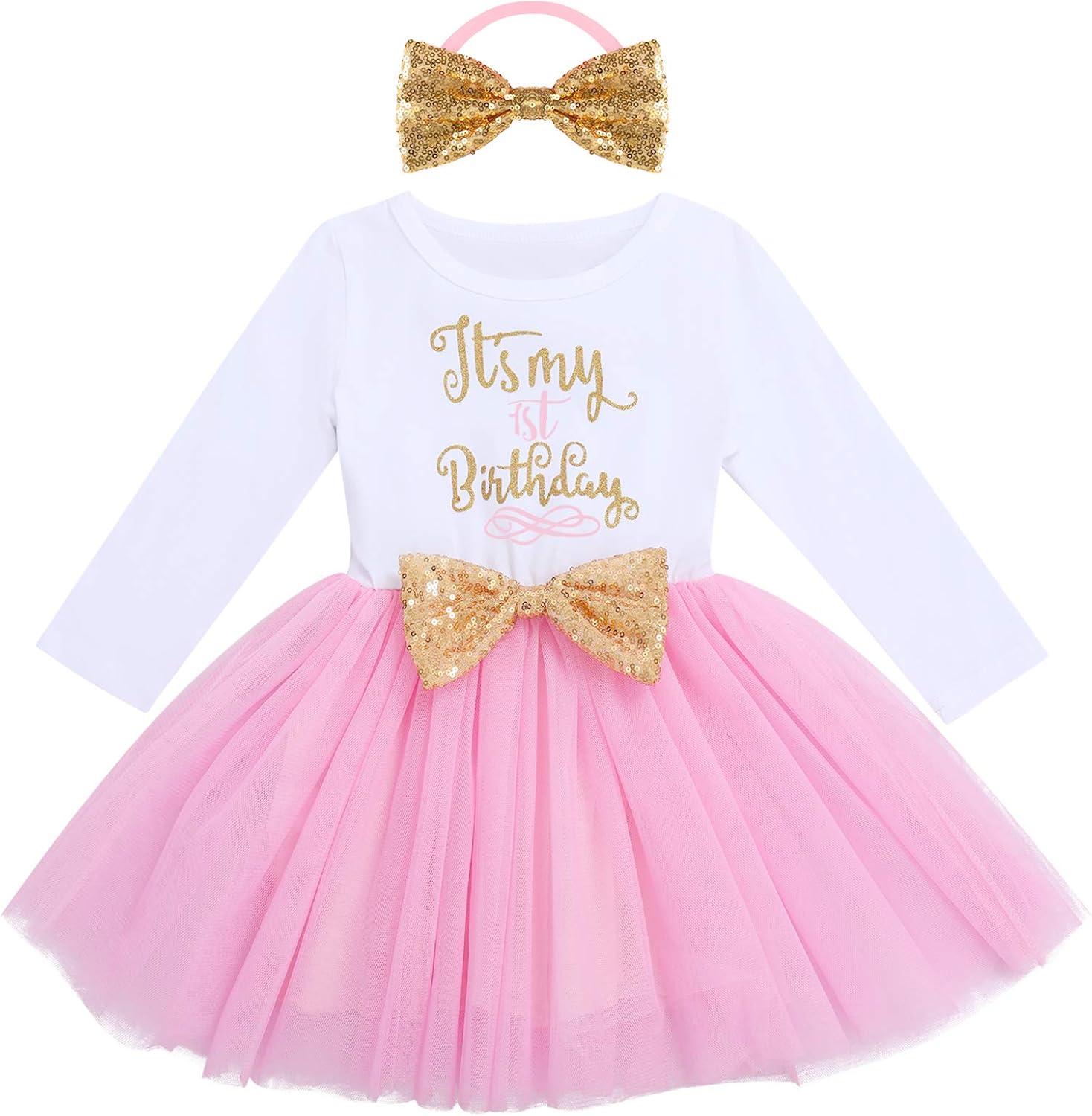 Baby Girls My 1st 2nd 3rd Birthday Polka Dots Dress w/Headband Long Sleeve Sequin Princess Tutu Cake Smash One Party Gown