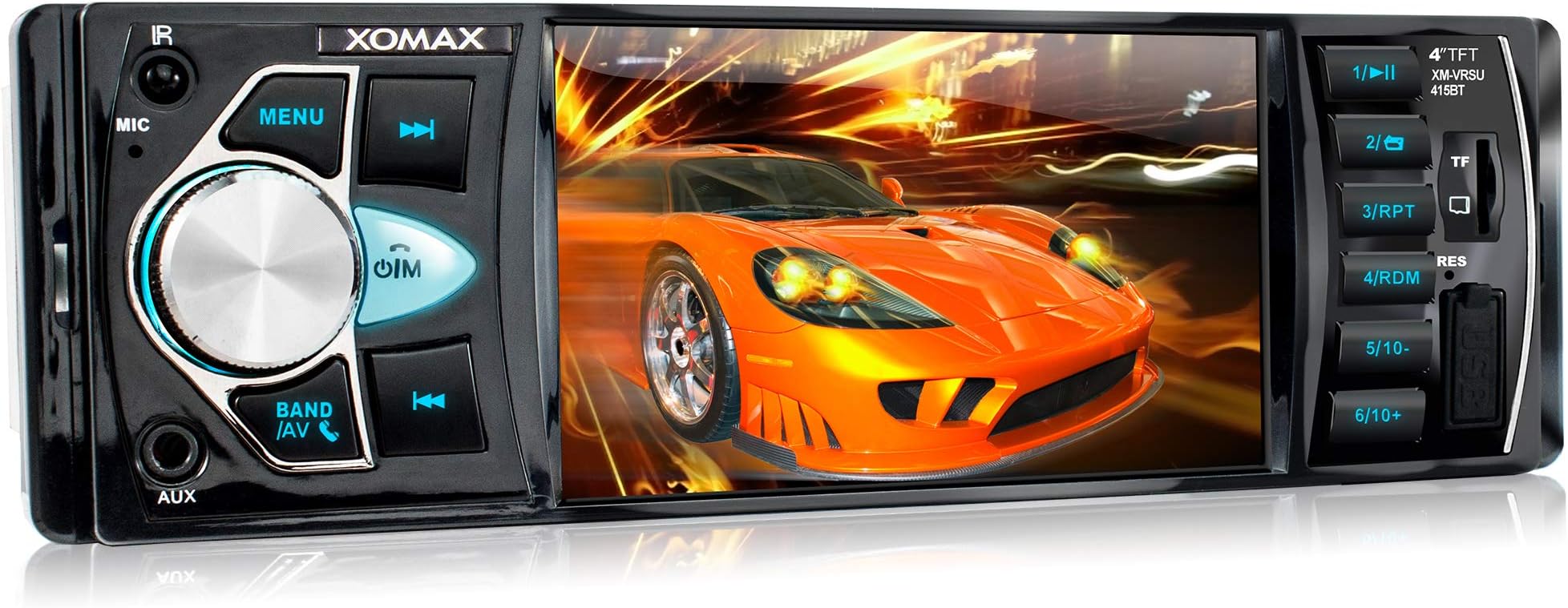 XOMAX XM-VRSU415BT Car stereo / Moniceiver without CD-drive + 10cm / 4" display + USB port (up to 128 GB!) and Micro SD slot (up to 128 GB!) for MPEG4, MP3, WMA, AVI, JPG + 7 LED Colour + Bluetooth hands-free function + Auxiliary input + Standard single DIN (1DIN) dimensions + Includes remote control and cage