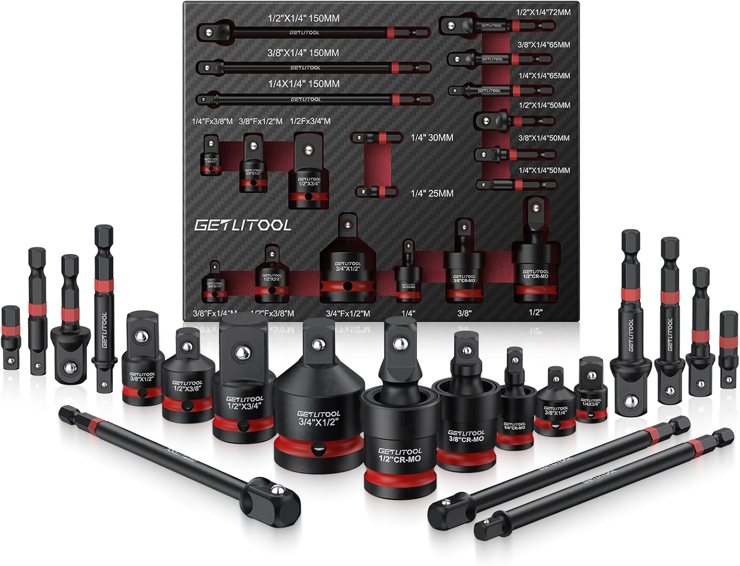 GETLITOOL 20Pcs Socket Adapter Set, Universal Joint Socket Set with Drive Adapters & Extension Bars, 42CRMO Steel, Rust-Resistant, EVA Foam Organizer for DIY, Automotive, and Repairs