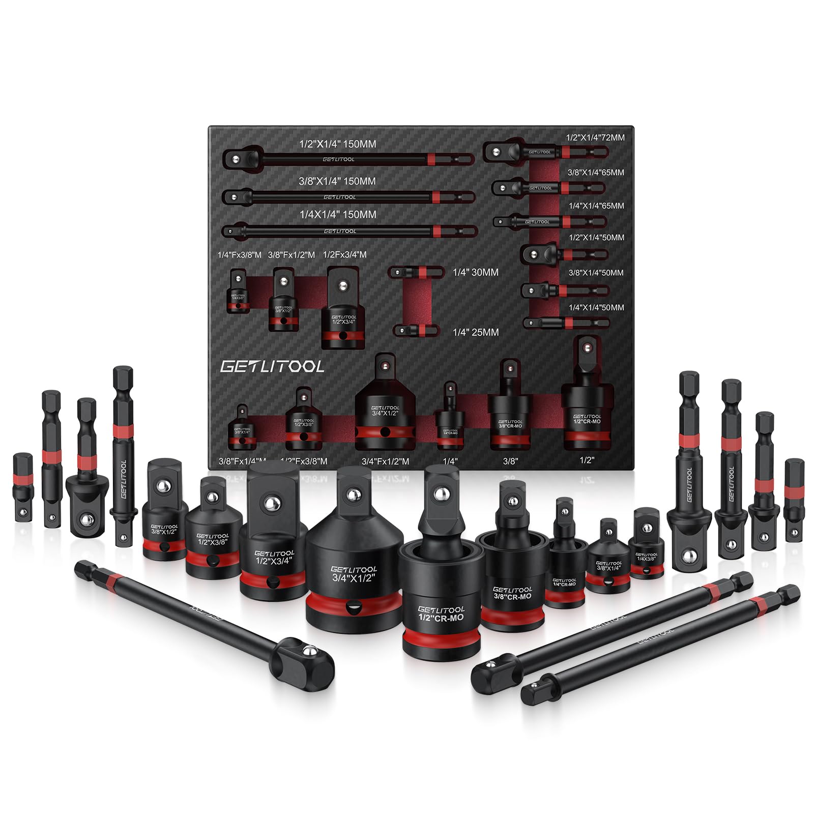 GETLITOOL Lot de 20 adaptateurs de douille, 11 adaptateurs de clé à douille, 6 adaptateurs de visseuse à percussion, 3 joints de cardan, adaptateur professionnel pour outils de percussion Cr-V & Cr-Mo