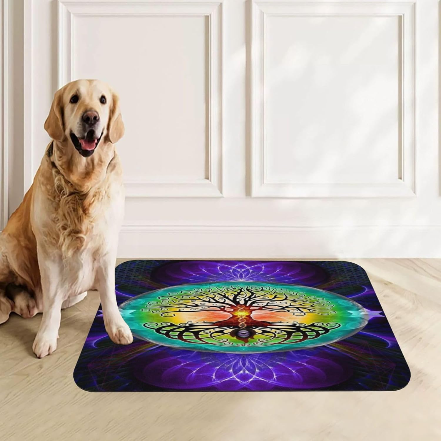 Mandala Flowers Pet Feeding Mat-Absorbent Quick Dry Pet Cat Dog Food Mat Non Slip Waterproof Rubber Dish Placemat