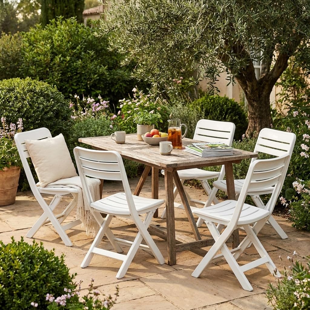 HEMAX Set 4 Sedie Pieghevoli Plastica Bianca Giardino Salvaspazio Gardenia | Sedute Richiudibili da Esterno Terrazzo Balcone Mobili per Eventi Catering Leggere e Resistenti Facili da Pulire Comode Casa