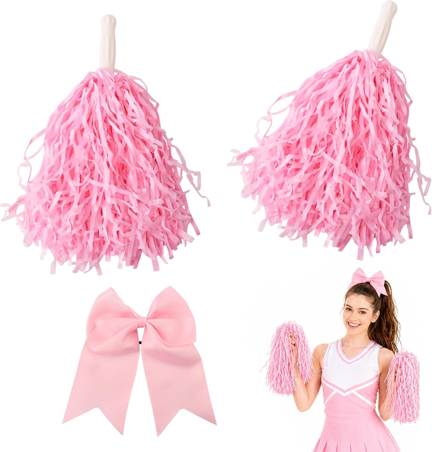10 in Cheer Poms Set, 2Pcs Cheerleading Pom Poms with Large Cheerleader Hair Bow, Pompoms Cheerleading Accessories for Sport Events Dance Party Basketball Football Team Spirit Sports (Pink)