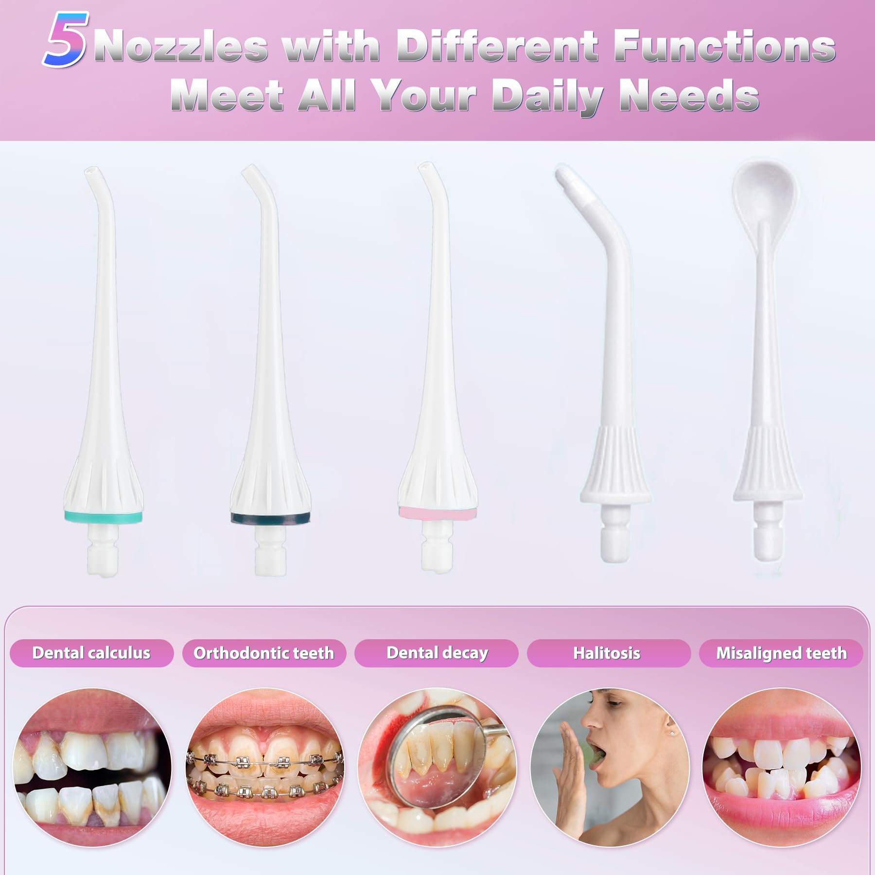 TOVENDOR Irrigador bucal eléctrico, irrigador bucal dental recargable inalámbrico IPX7, impermeable, 300 ml, limpiador de dientes de agua de viaje con 5 puntas para el cuidado de los frenos, limpieza