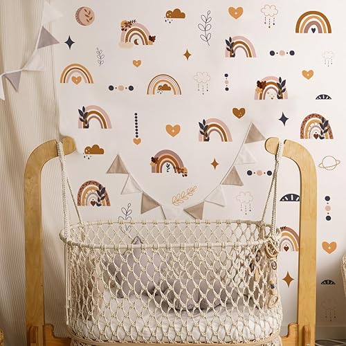 Miniatura 3 de Calcomanías de pared boho con diseño de nubes de arco iris, flores, hojas, corazones, calcomanías de vinilo para decoración de habitación de niños,