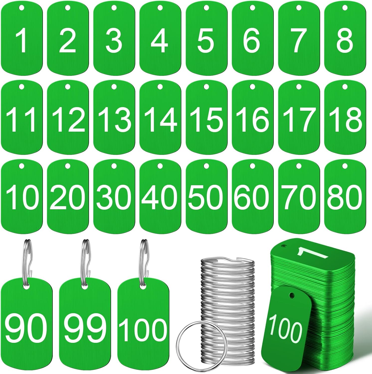 MorningRo 100 Pcs Aluminum Number Tags with Key Rings Number 1-100 Metal Key Tags for Identification Hotel Dormitory House Lockers(Black,Rectangular)