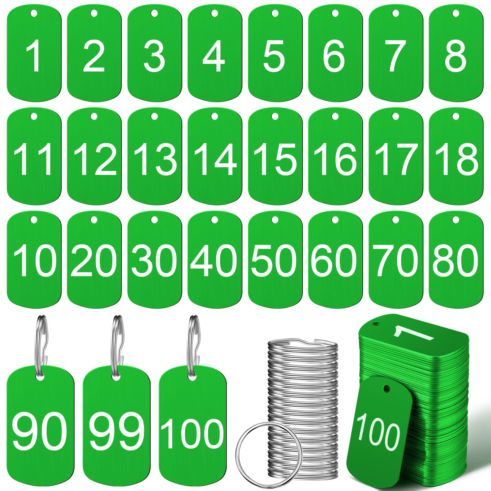 MorningRo 100 Pcs Aluminum Number Tags with Key Rings Number 1-100 Metal Key Tags for Identification Hotel Dormitory House Lockers(Green,Rectangular)
