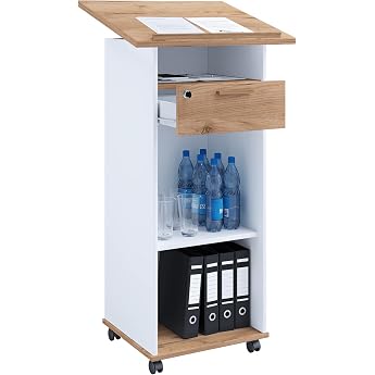 vcm wooden mobile lectern dimensions approx. h 108 to 120 cm x w 60 cm x d 50 cm rollable with drawer bar table - delta white/honey oak