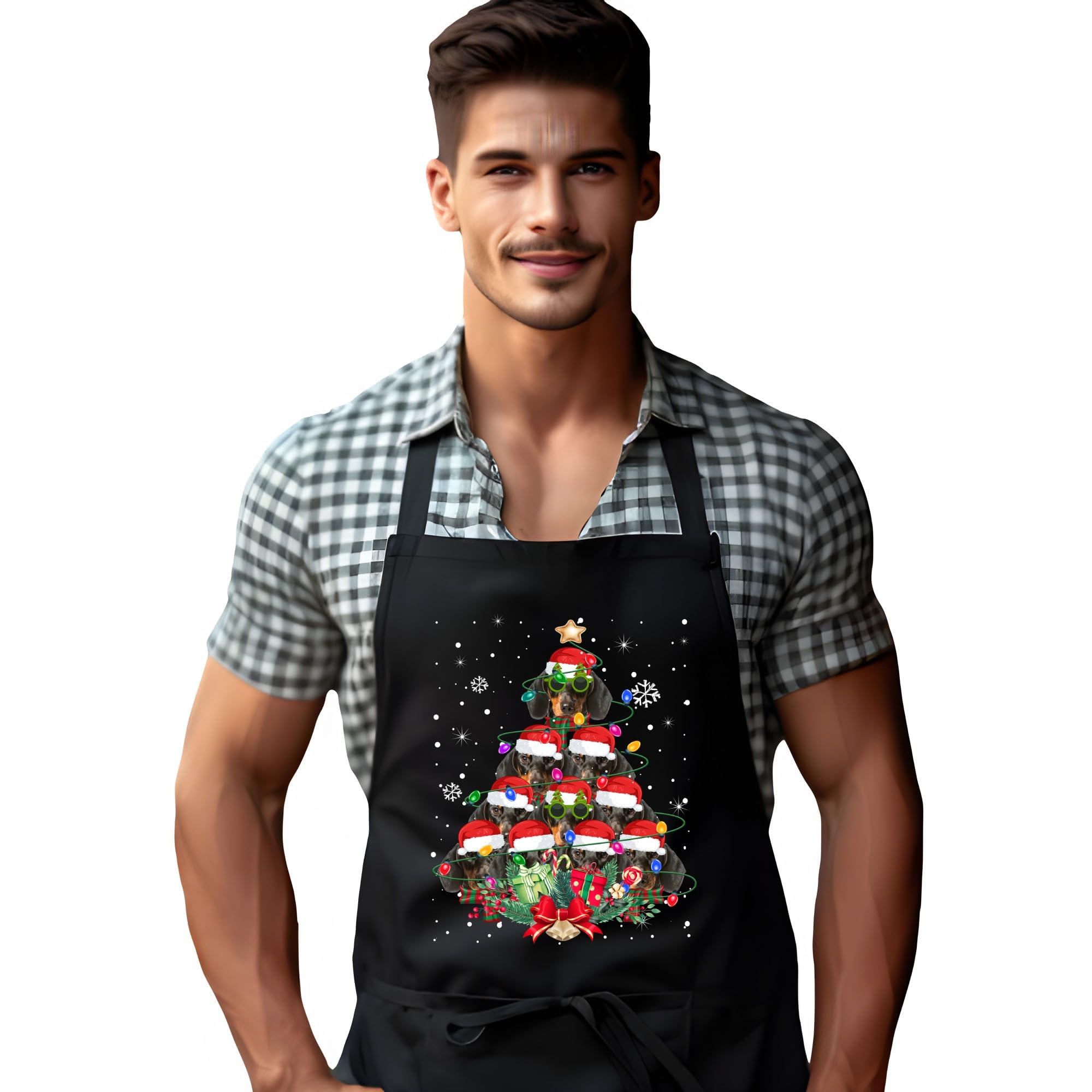 Dcg Printwear Men's Black Dachshund Christmas Apron – Sausage Dog Xmas Tree Design Uk Printed Festive Kitchen Bbq Cooking Chef Apron With Front Pocket For And Wo