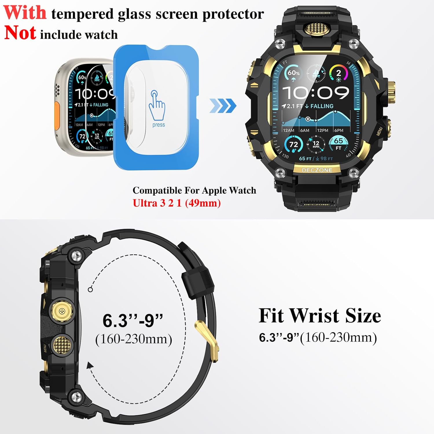 Band with Rugged Case Compatible with Apple Watch Bands 49mm (Ultra 3/2/1), Sport iwatch Bands Protective Bumper Cover for Men (49mm Gold)