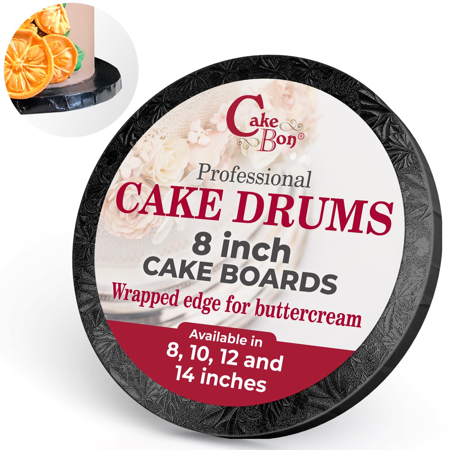 Cakebon Cake Boards 8" Black Round Cake Drums 1/2" Wrapped Edge 6Pack