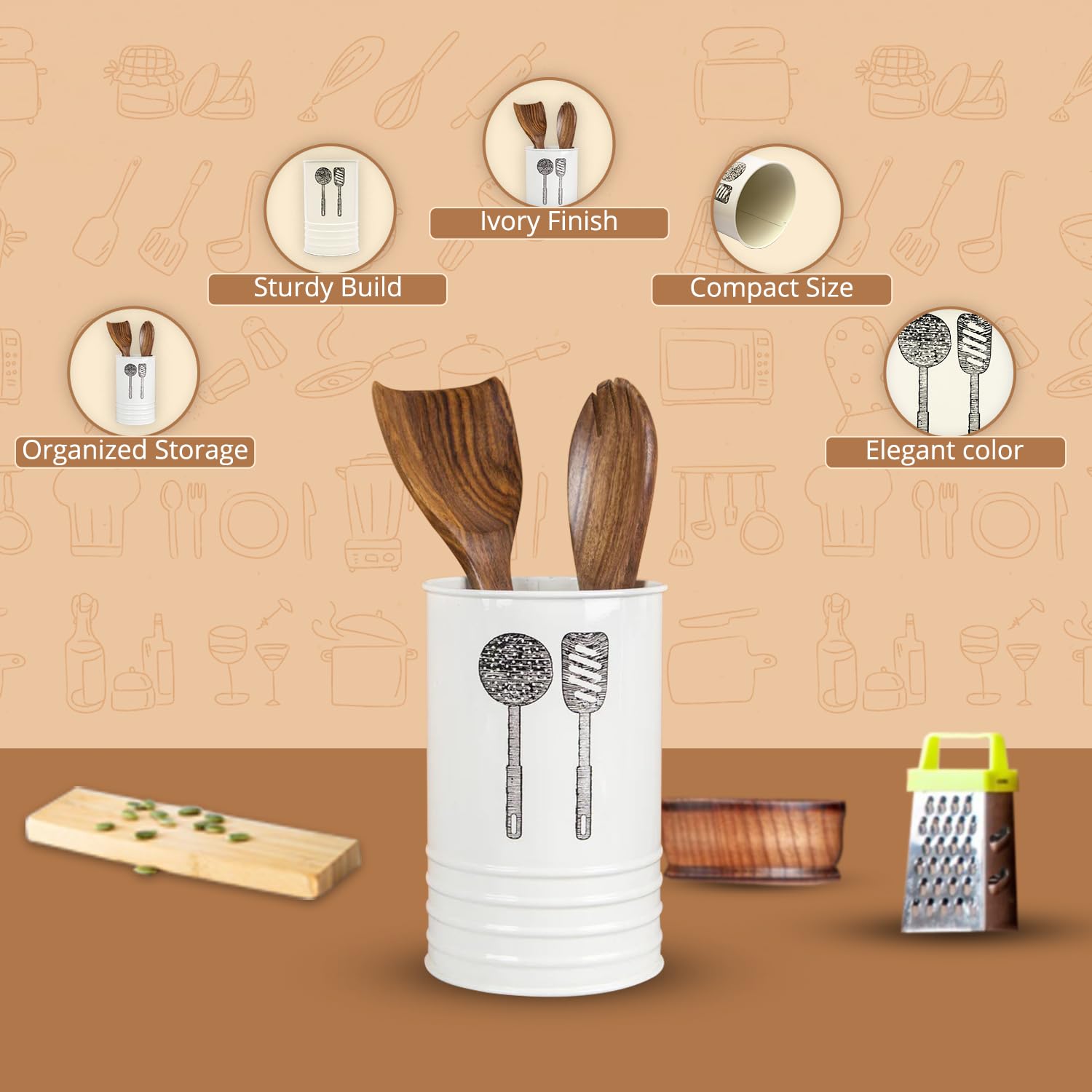 MARKET 99 Ivory Round Metal Ladle Holder | Multipurpose Cutlery Organizer Box for Spoon, Fork, Knife & Chopsticks | Stylish Kitchen Utensil Holder & Dining Table Organizer Stand for Home & Office Use 1