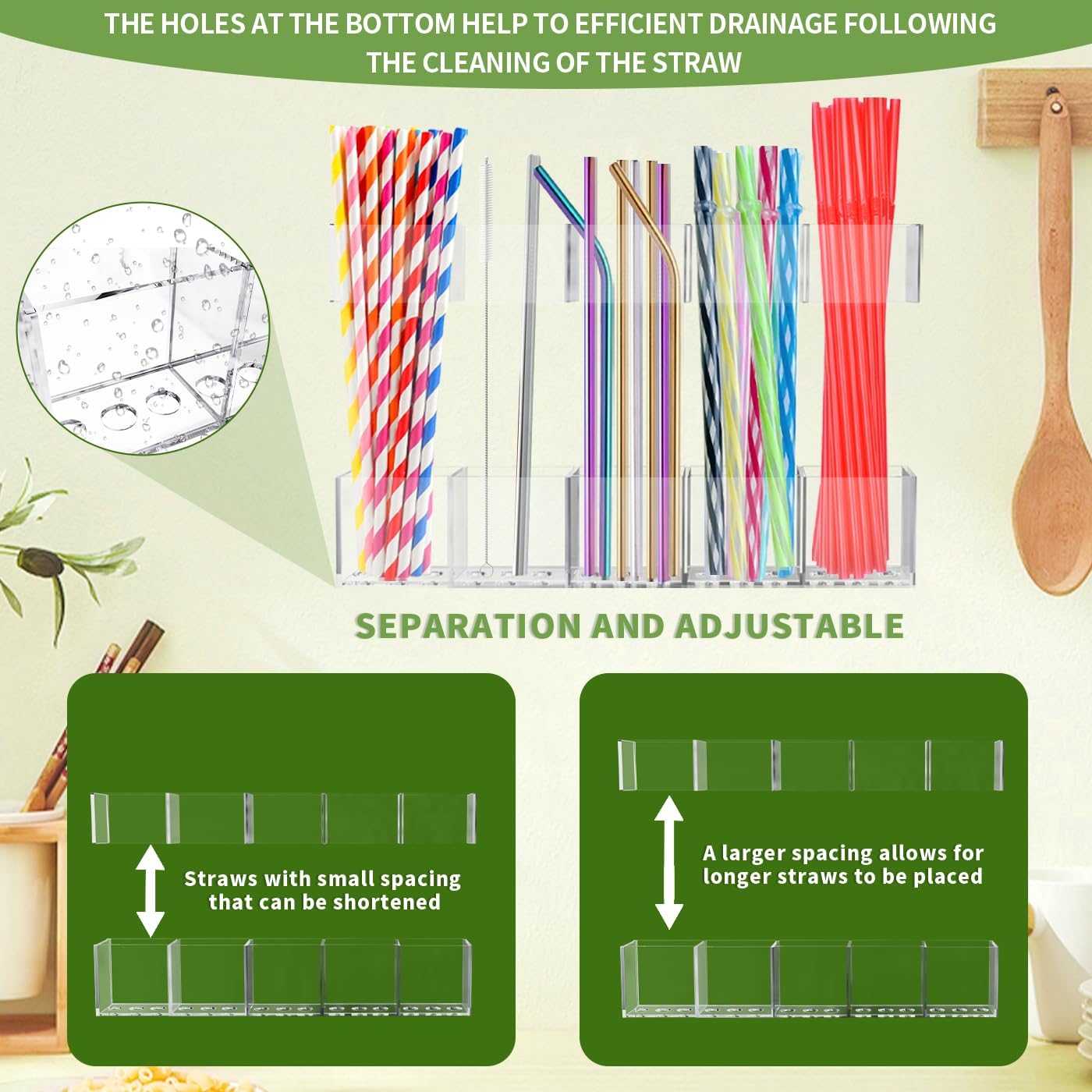Straw Holder for Cabinet Door - 9.5'' Acrylic Straw Organizer with Adhesive Tape & Stickers, Transparent Straws Storage Container for Cabinet, Straws Dispenser for Counter Cupboard Home Kitchen Cafe image 4