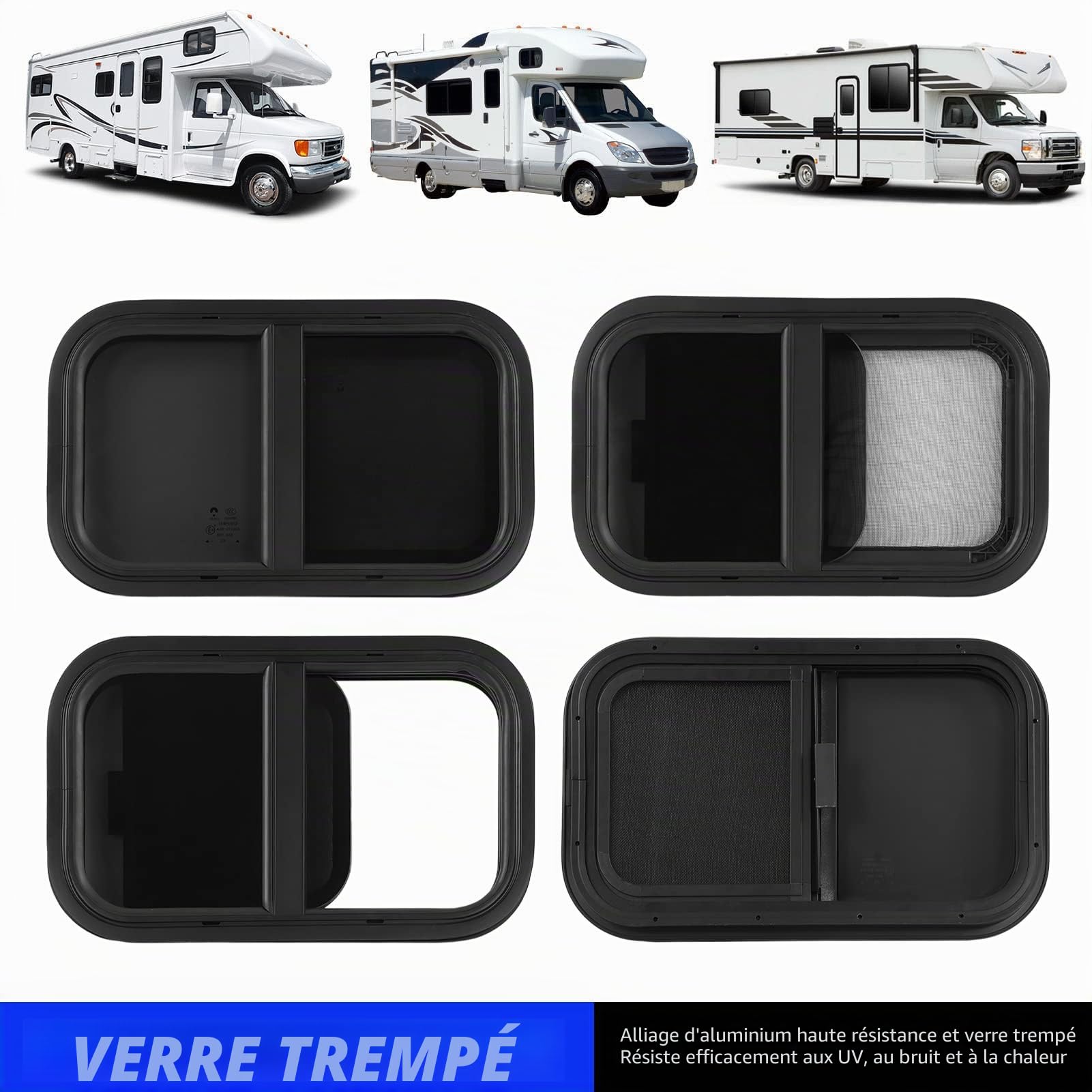 Aramox Fenêtre de Camping-Car RV Push Pull Window Coin Arrondi Étanche Scellé Résistant aux UV Revêtement en Poudre Noir Poli Lisse