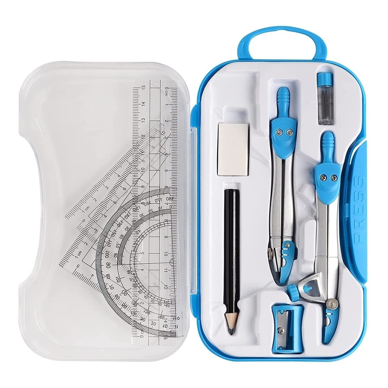 Zirkel-Set, Geometrie- und Mathematik-Werkzeuge, 10-teiliges Zirkel-Set, Bleistift-Radiergummi, Quadrat, Dreieck, Lineal, Bleistift-Aufbewahrungsbox, geeignet für Schule, Zuhause, Schreibtisch, Zirke