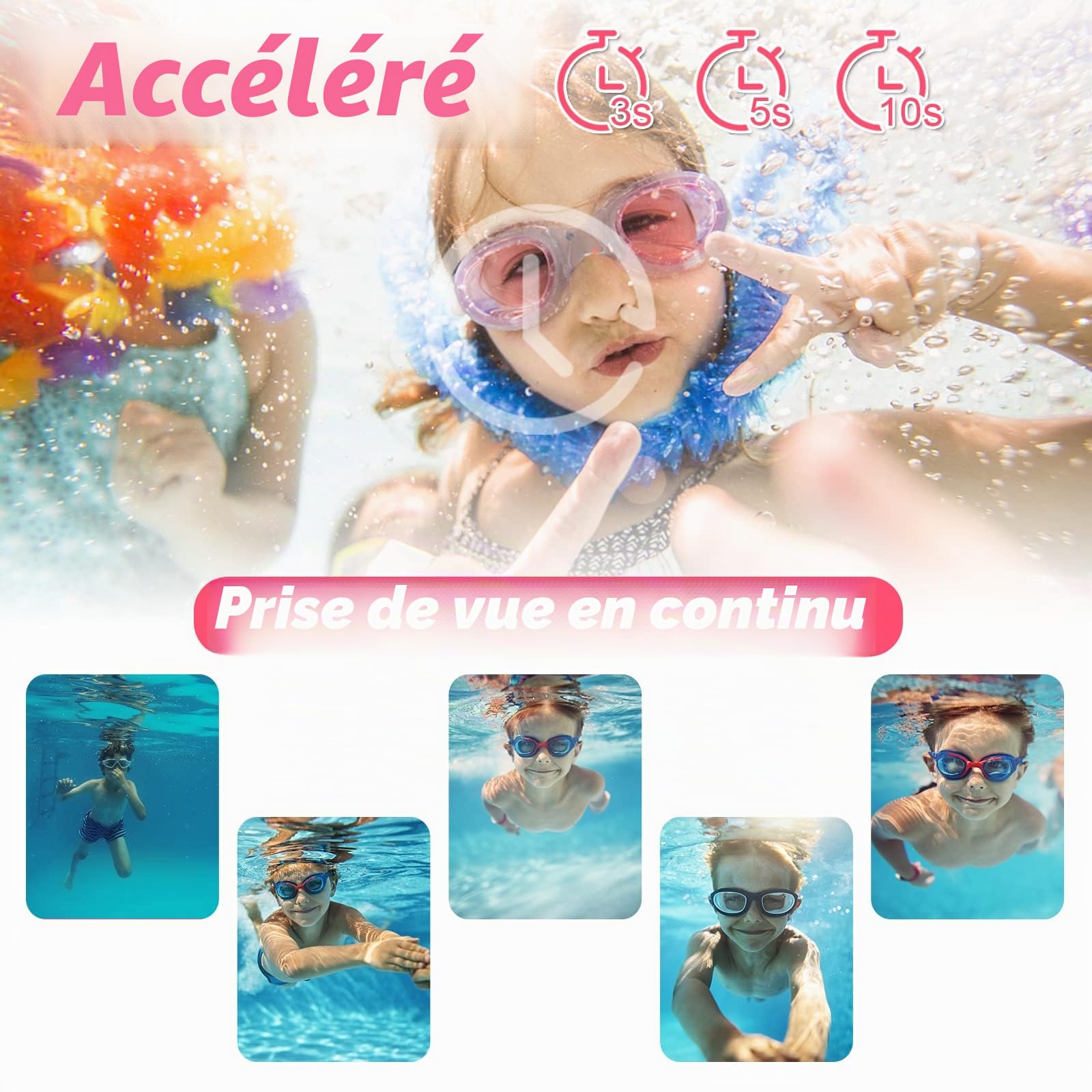 Ushining Appareil Photo Enfant Étanche, 1080P Caméra Vidéo d'action sous-Marine Enfant Appareil Photo Selfie Numérique avec Écran 2,0 Pouces Carte TF 32 Go, Cadeau pour Filles Garçons 3-12 Ans, Rose