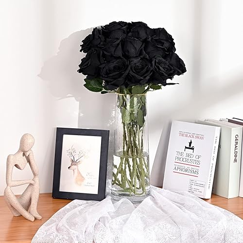 Miniatura 5 de Waipfaru 16 piezas de flores artificiales de seda negras a granel, ramo de rosas sintéticas de tacto real con tallo largo para decoración del hogar